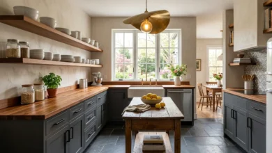 A beautiful Low Cost Kitchen featuring butcher block countertops and open shelving