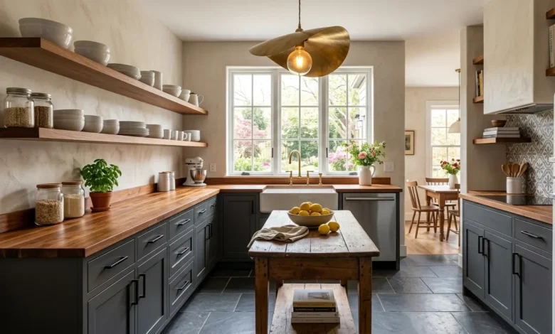 A beautiful Low Cost Kitchen featuring butcher block countertops and open shelving