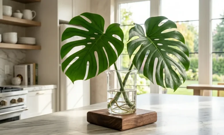 A beautiful glass propagation station displaying the perfect setup for propagating your Monstera at home.