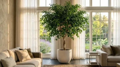 A lush weeping fig in a bright living room showing how to Keep Your Ficus Tree thriving indoors.