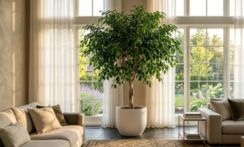 A lush weeping fig in a bright living room showing how to Keep Your Ficus Tree thriving indoors.