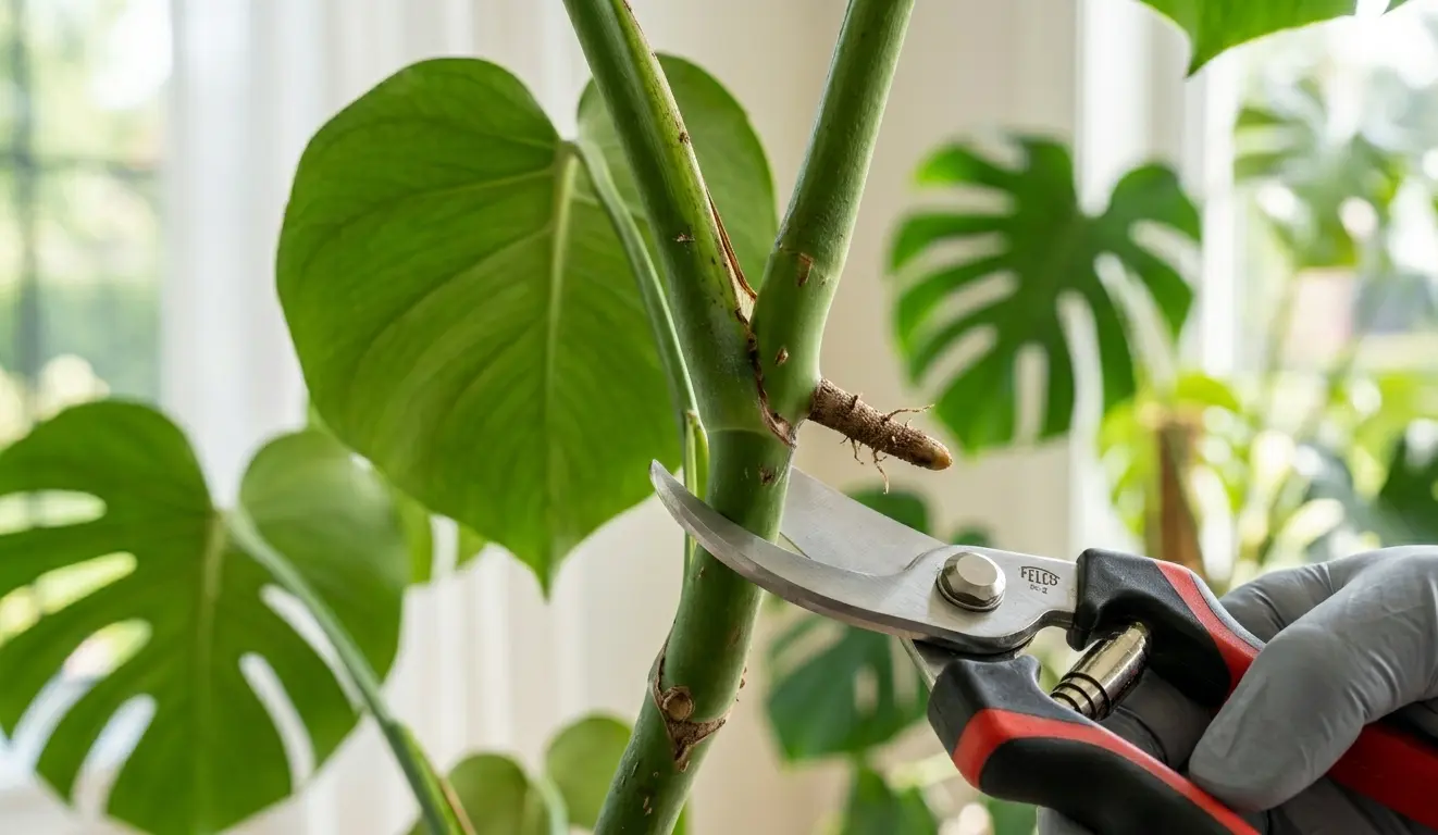 A close up view of a plant stem and node to identify where to cut when propagating your Monstera.