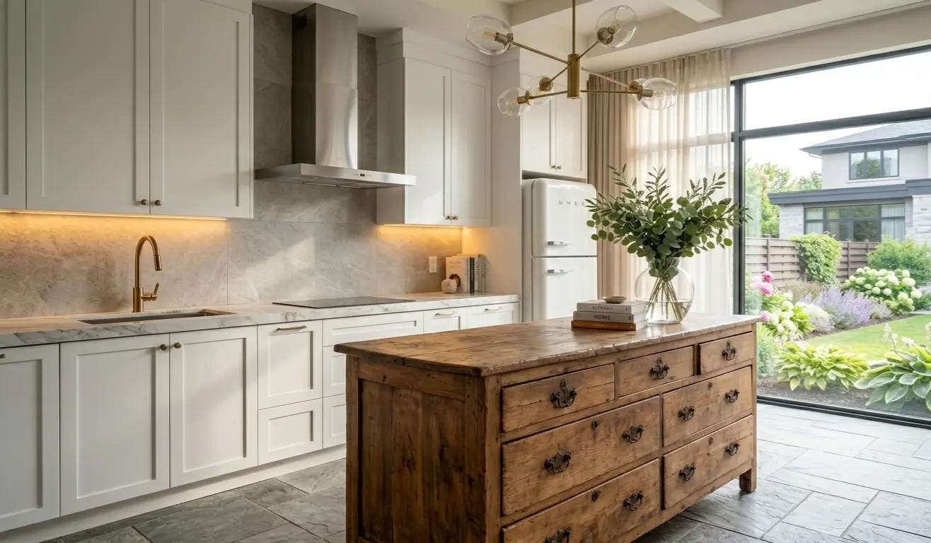 A freestanding vintage island perfectly suited for a Low Cost Kitchen layout
