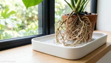 A lush green houseplant sitting in a tray of water demonstrating the technique for bottom watering plants