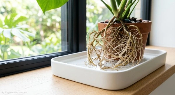 A lush green houseplant sitting in a tray of water demonstrating the technique for bottom watering plants