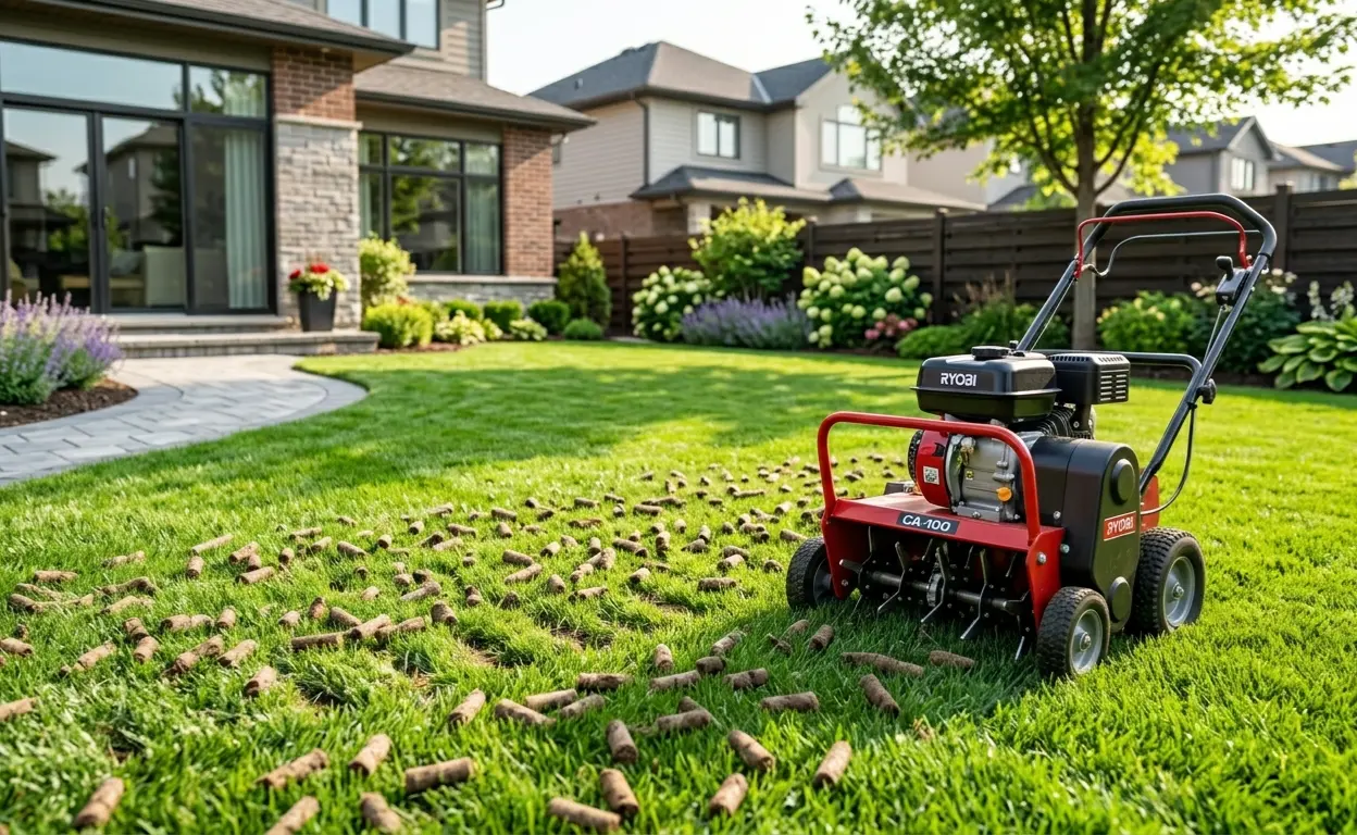 A mechanical machine performing core soil aeration techniques on a suburban lawn.