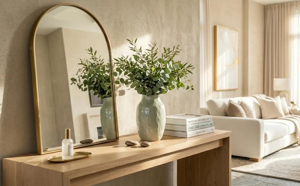 A minimalist entryway table showcasing depersonalization and interior home staging tips.