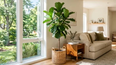 A thriving indoor tree demonstrating perfect fiddle leaf fig care in a sunny modern living room.