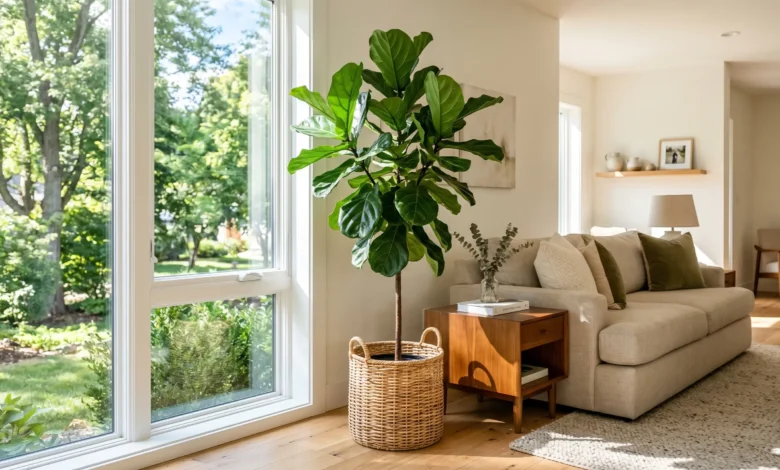A thriving indoor tree demonstrating perfect fiddle leaf fig care in a sunny modern living room.