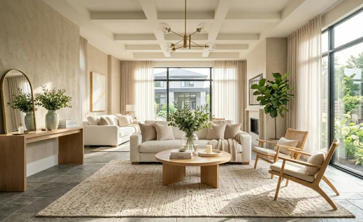 A well-arranged living room showing furniture floating techniques as part of essential home staging tips.