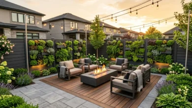 An overview of a breathtaking small backyard landscaping project featuring a modern deck and vertical gardens.