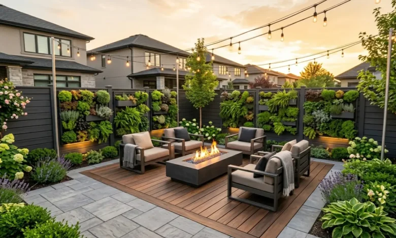 An overview of a breathtaking small backyard landscaping project featuring a modern deck and vertical gardens.