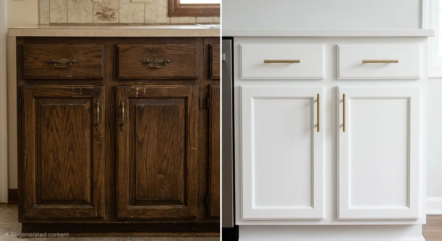Before and after of a kitchen cabinet painted crisp white to replace dark wood.