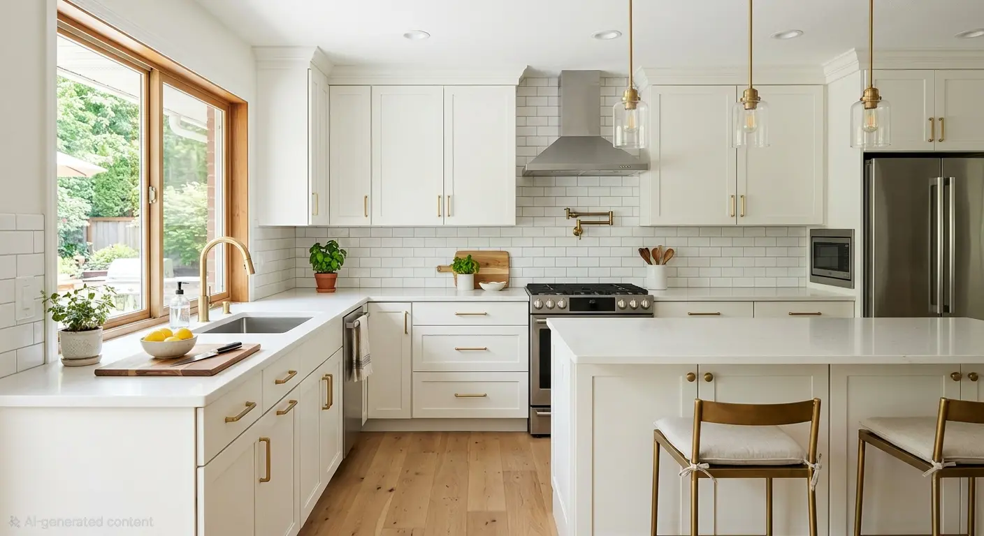 Bright modern American kitchen with freshly painted white cabinets and brass hardware.