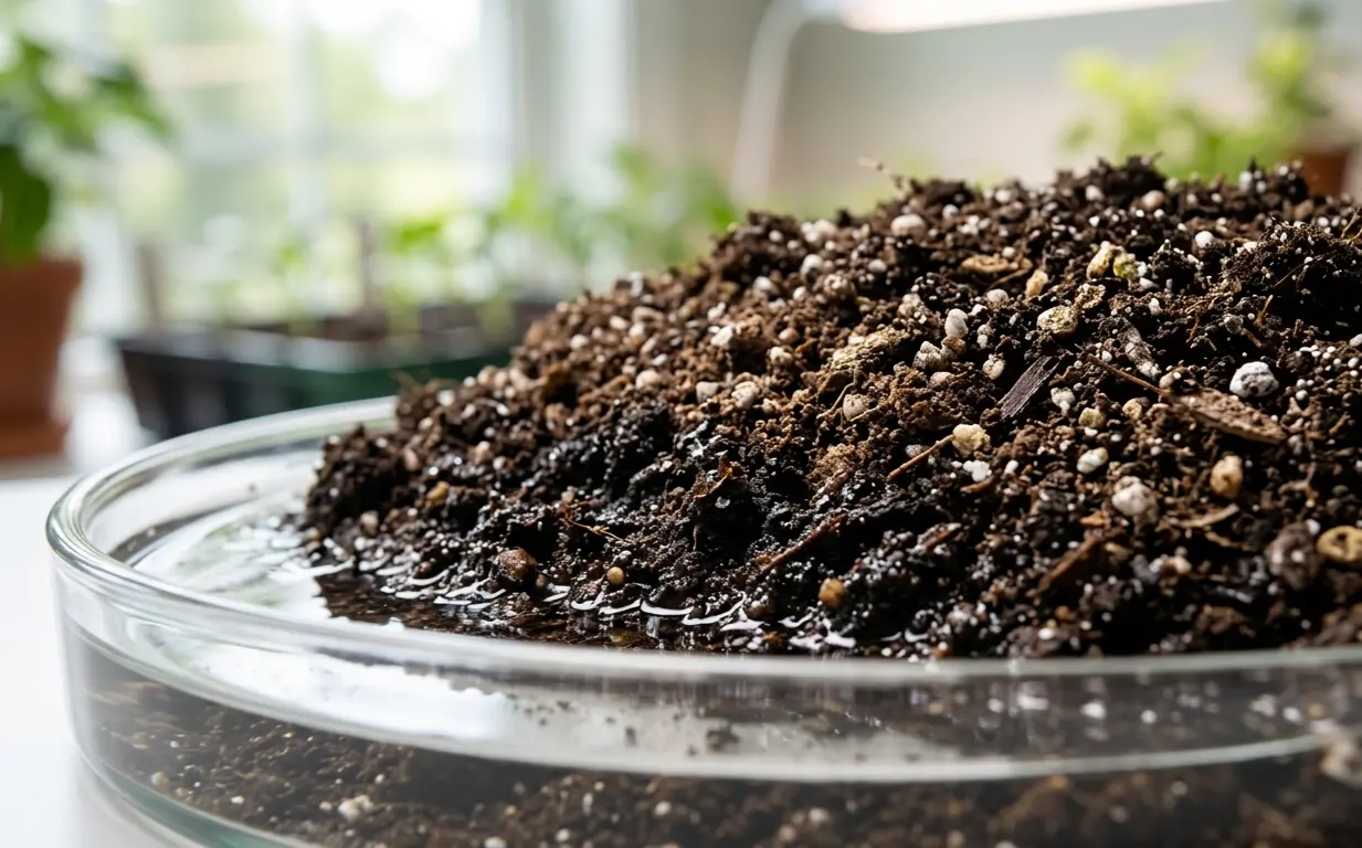Close up view of soil absorbing moisture while bottom watering plants to prevent dry spots.
