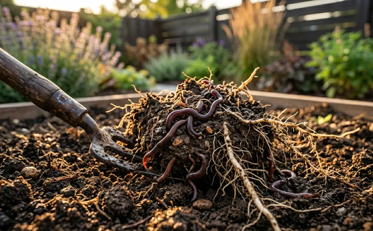 Earthworms moving through dark dirt representing biological soil aeration techniques.