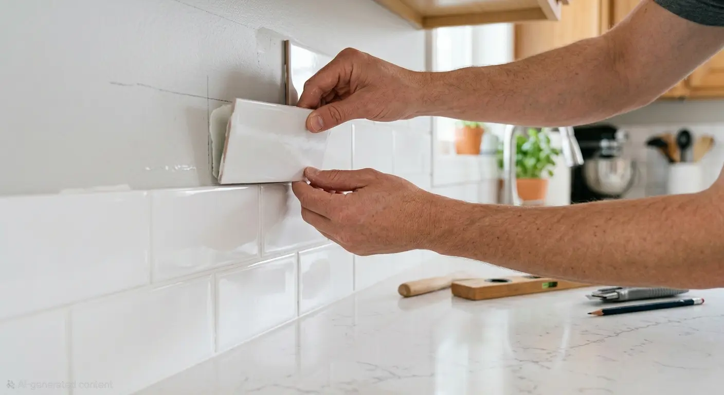 Hands installing peel and stick subway tile backsplash above a kitchen counter.