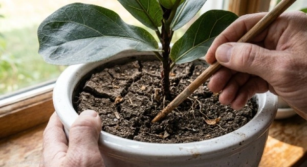 Hands using a wooden chopstick to aerate compacted soil in a potted Fiddle Leaf Fig plant.