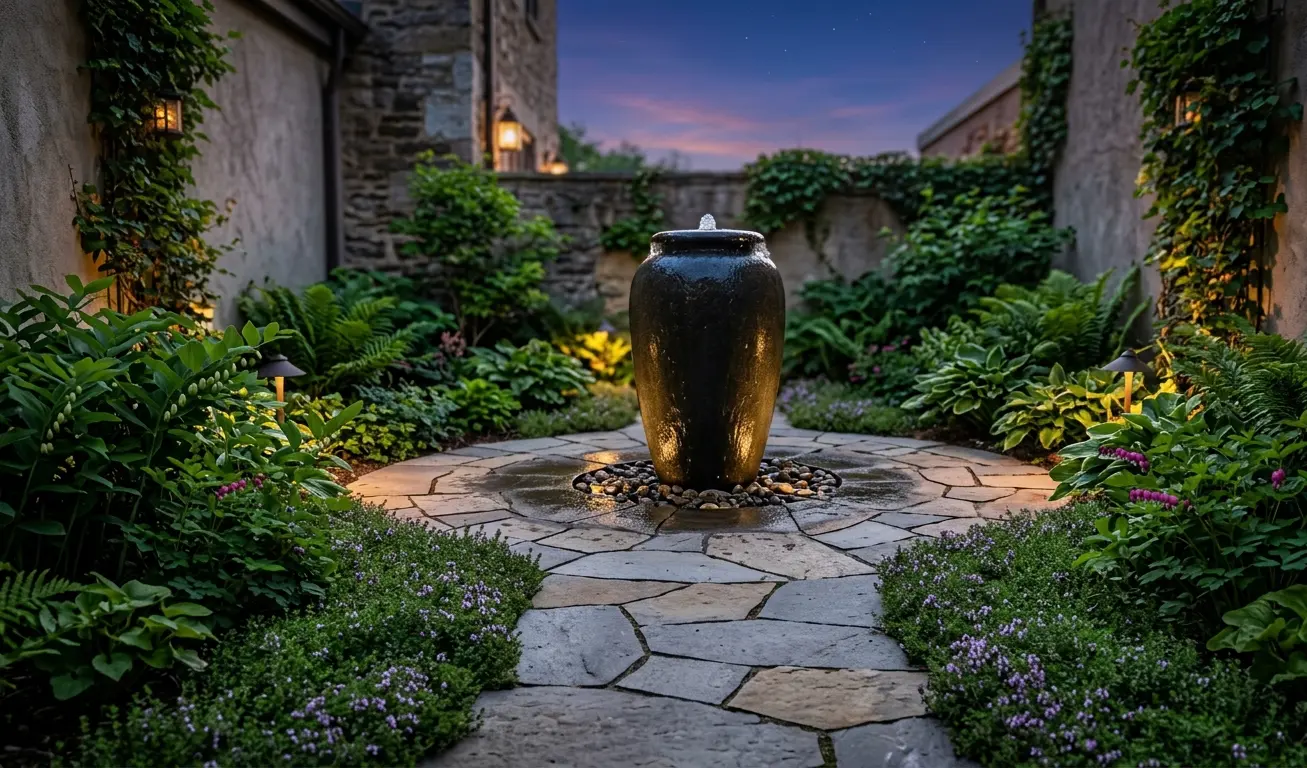 Installing a striking water feature focal point for beautiful small backyard landscaping.