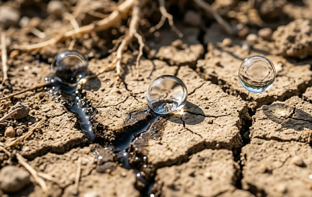 Liquid drops absorbing into dry dirt showing liquid soil aeration techniques.