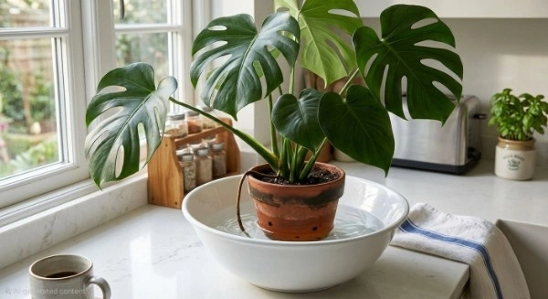 Potted Monstera plant sitting inside a white bowl of water for bottom watering on a kitchen counter.