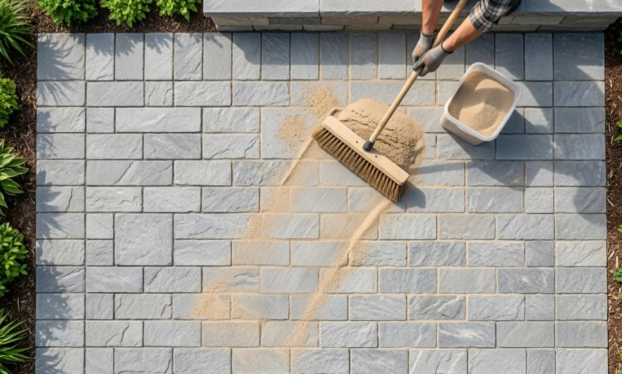 Sweeping polymeric sand into the tight joints of finished diy patio pavers.