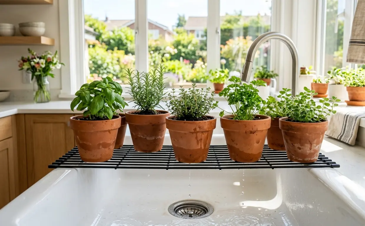 Terracotta pots resting on a drainage rack after bottom watering plants to avoid root rot.