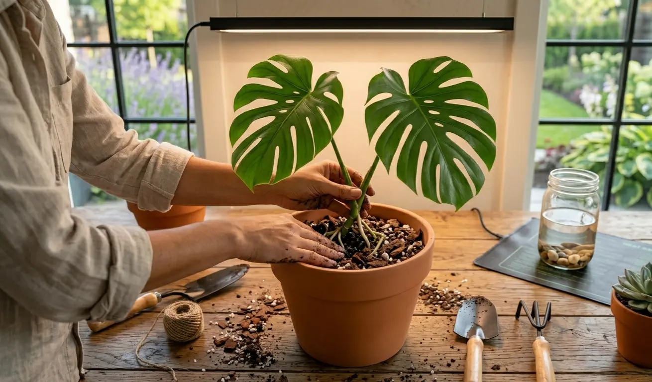 Transitioning a newly rooted cutting into a chunky aroid soil mix after successfully propagating your Monstera.