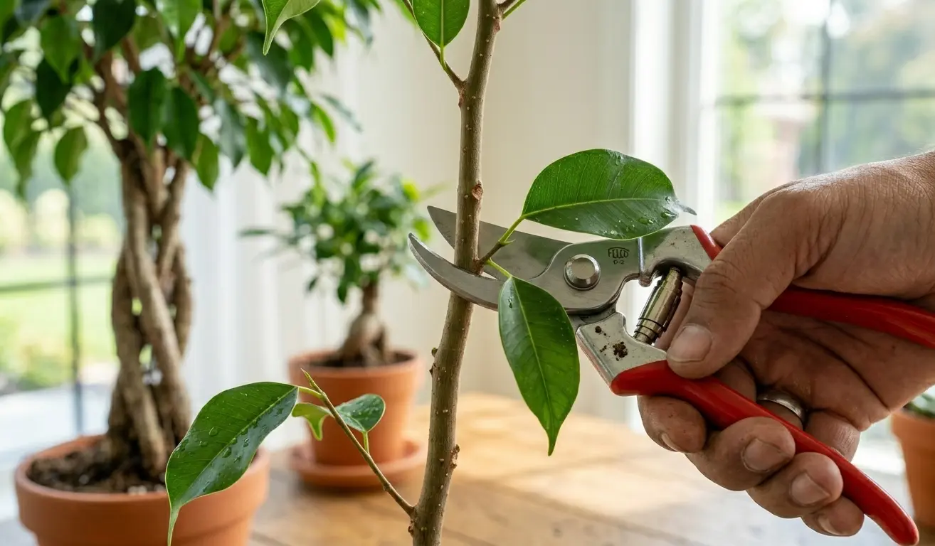 Trimming a branch with sterilized shears to successfully Keep Your Ficus Tree looking bushy and structurally sound.