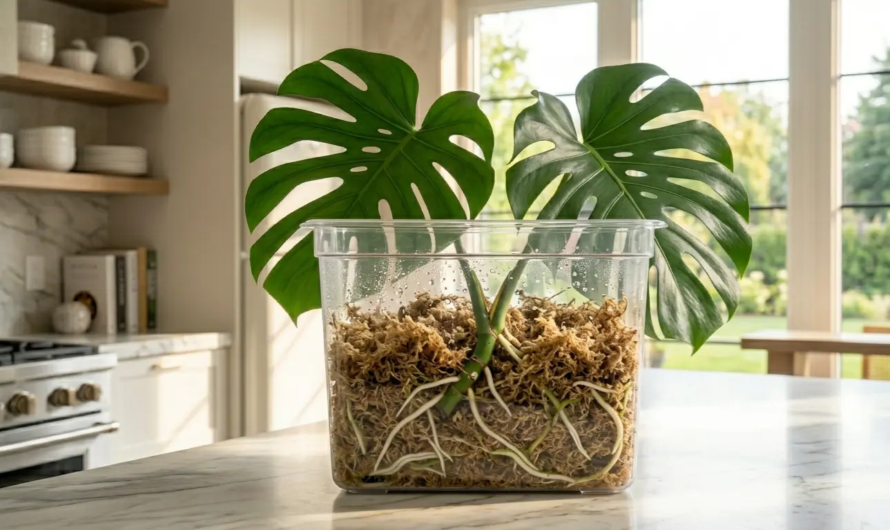 Using damp sphagnum moss in a clear container is an excellent method for propagating your Monstera safely.