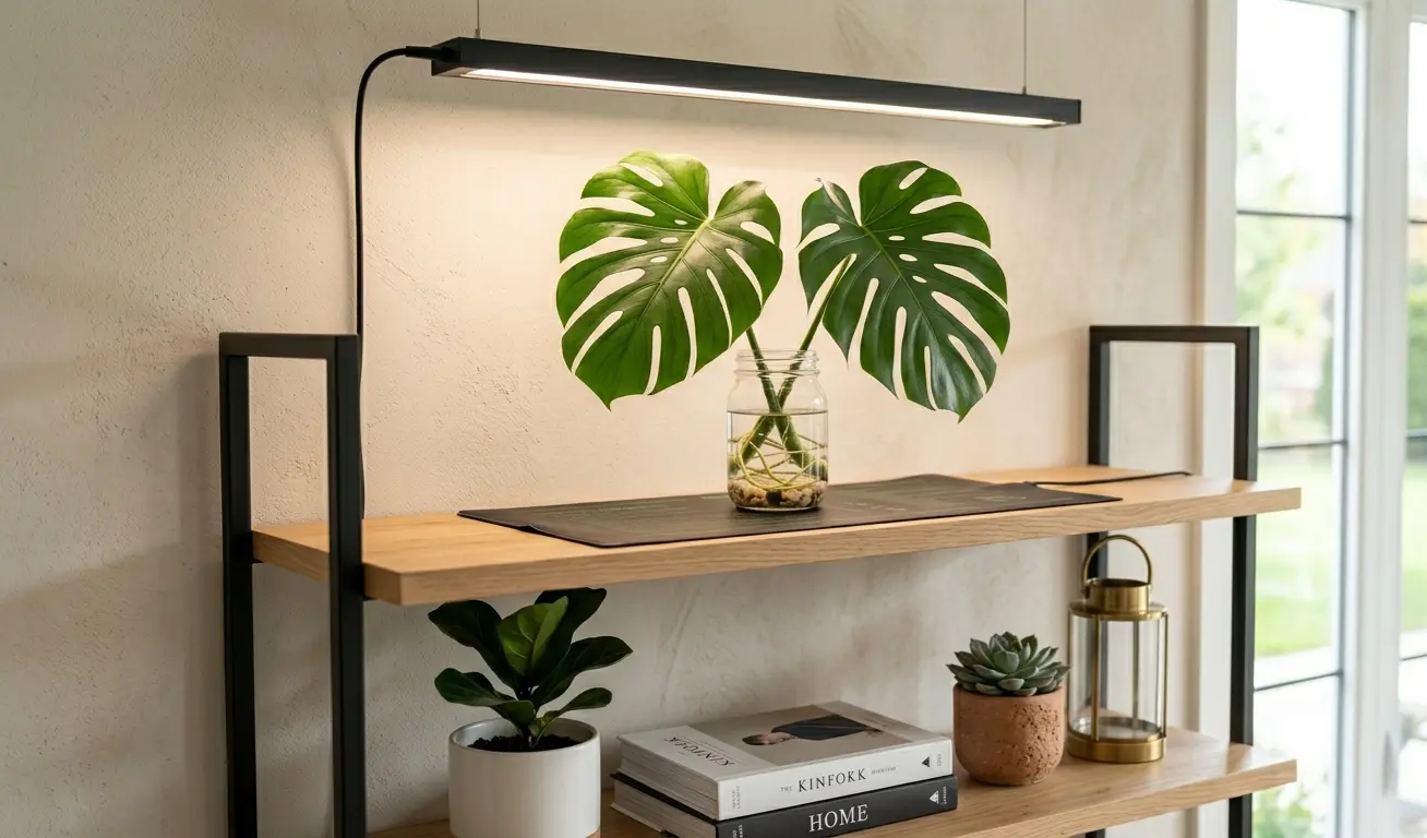 Utilizing a heat mat and LED grow lights to create the perfect microclimate while propagating your Monstera.