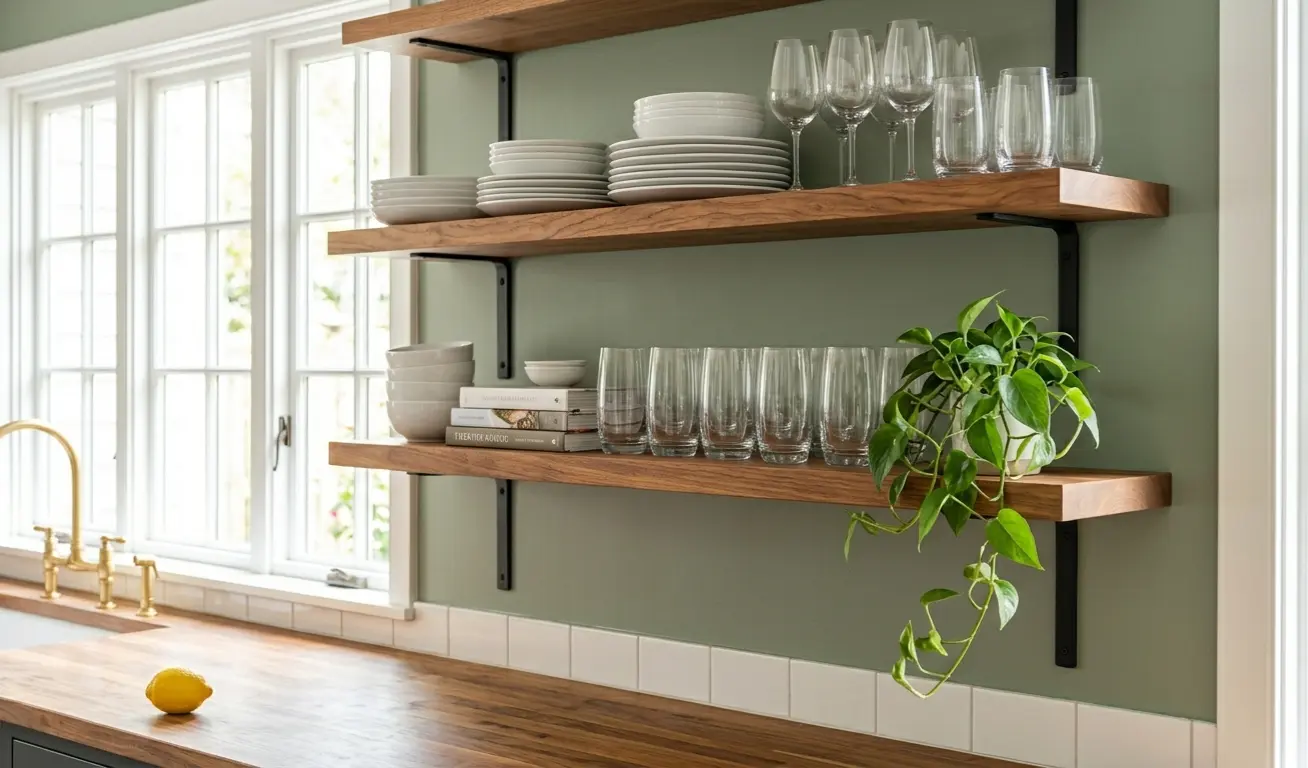 Utilizing open shelving to save money in a Low Cost Kitchen