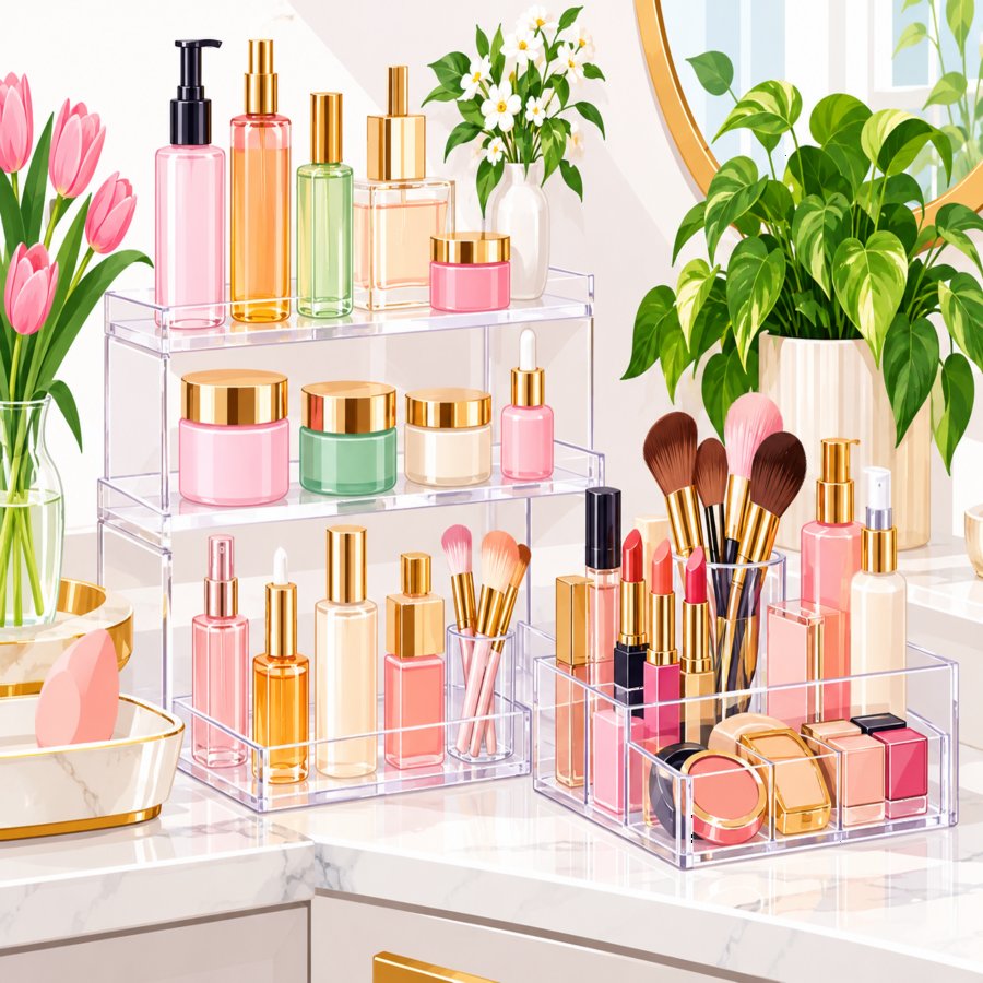 Close-up of acrylic organizer layouts holding makeup and skincare products