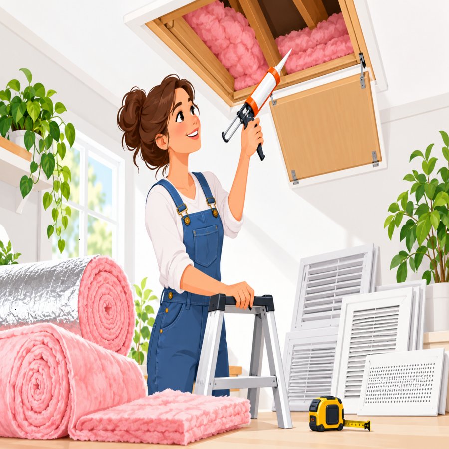 Homeowner fixing attic insulation mistakes with proper sealing and insulation layers