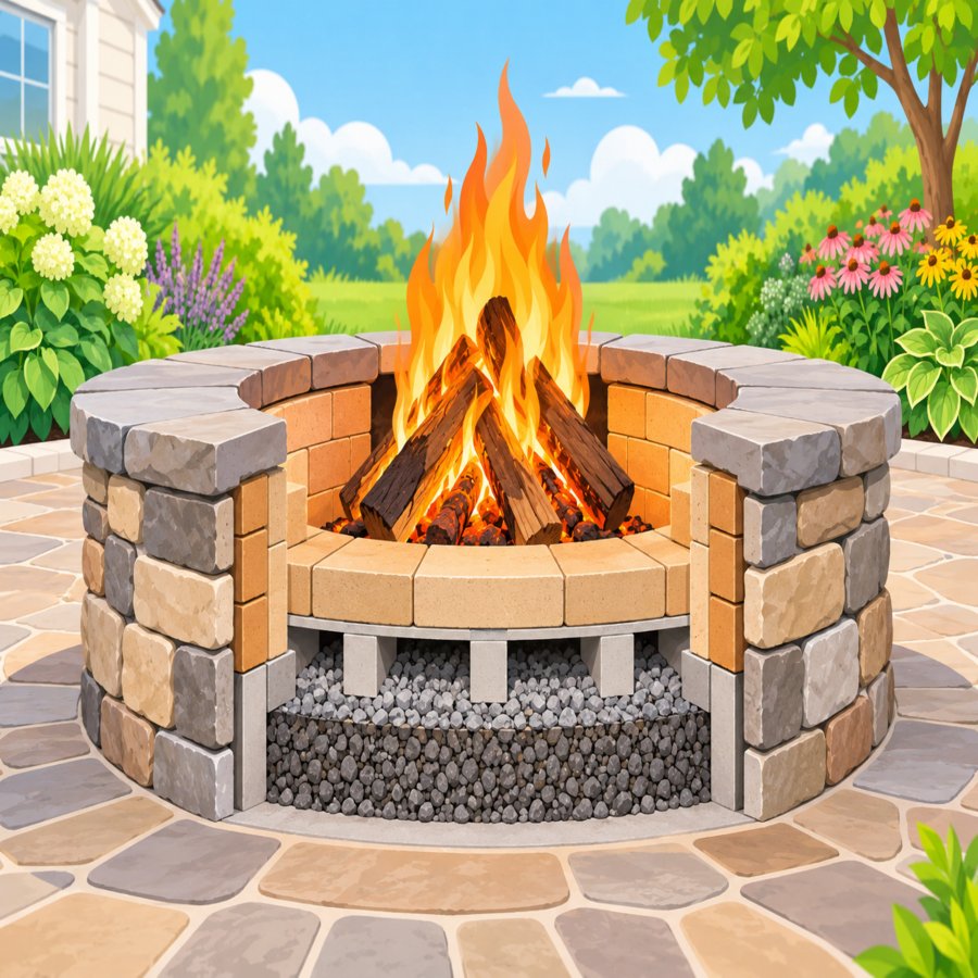 Vector illustration of proper fire brick installation preventing backyard fire pit mistakes