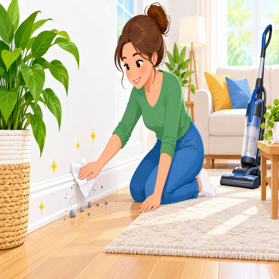 Illustration showing baseboard cleaning secrets with dryer sheet hack in a cozy living room