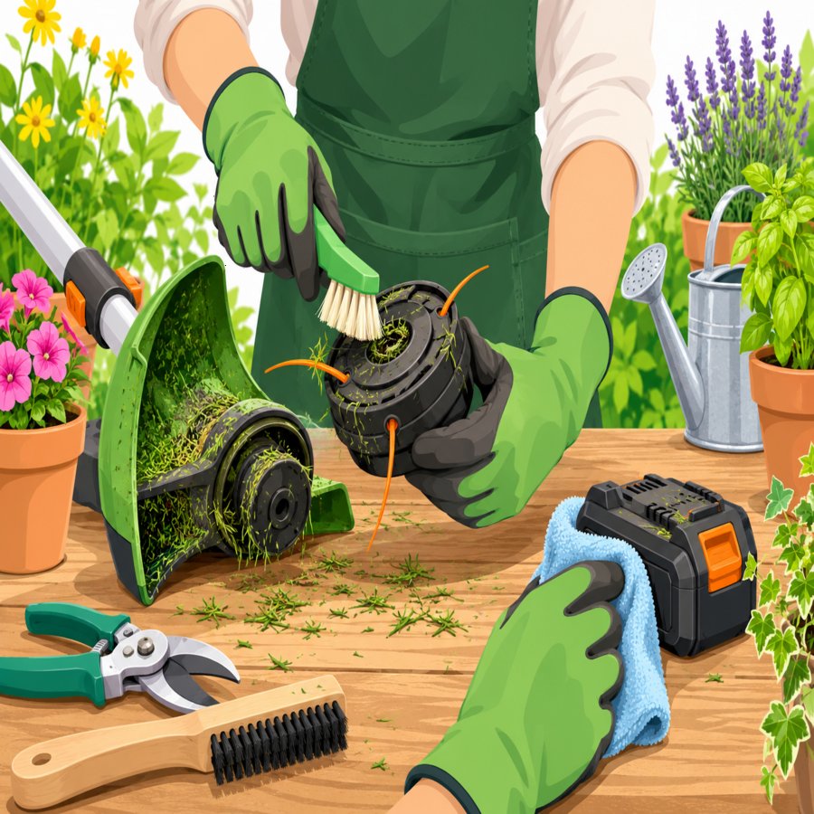 Homeowner avoiding battery-powered string trimmer blunders while trimming garden edges