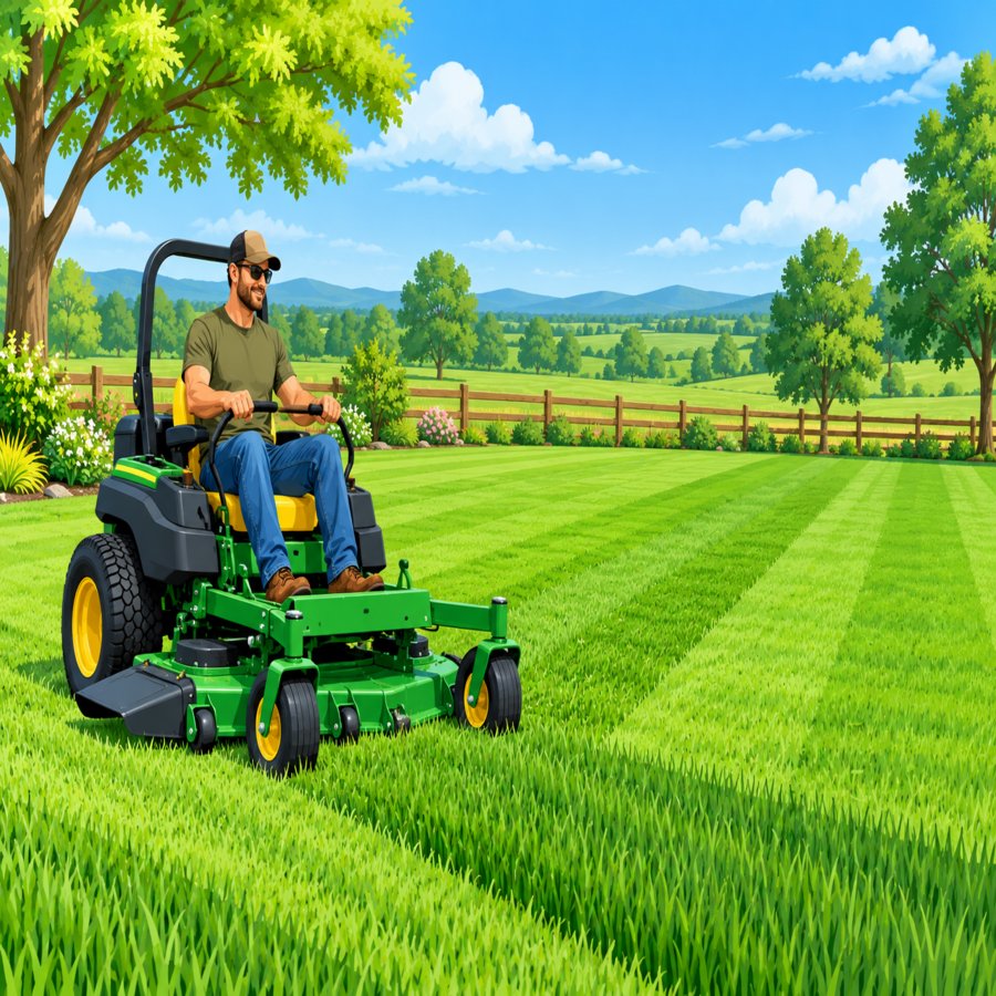 In-body illustration showing one of the best zero-turn lawn mower brands cutting a large grassy yard