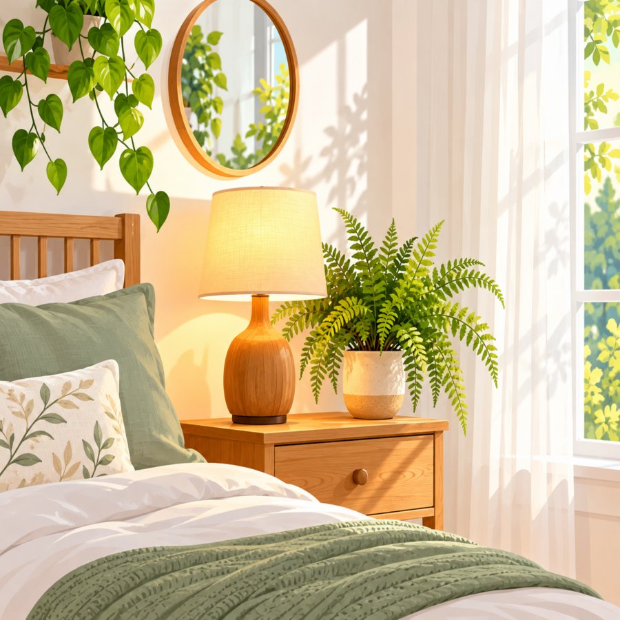 Biophilic lighting ideas shown through warm organic bedroom lamps and daylight