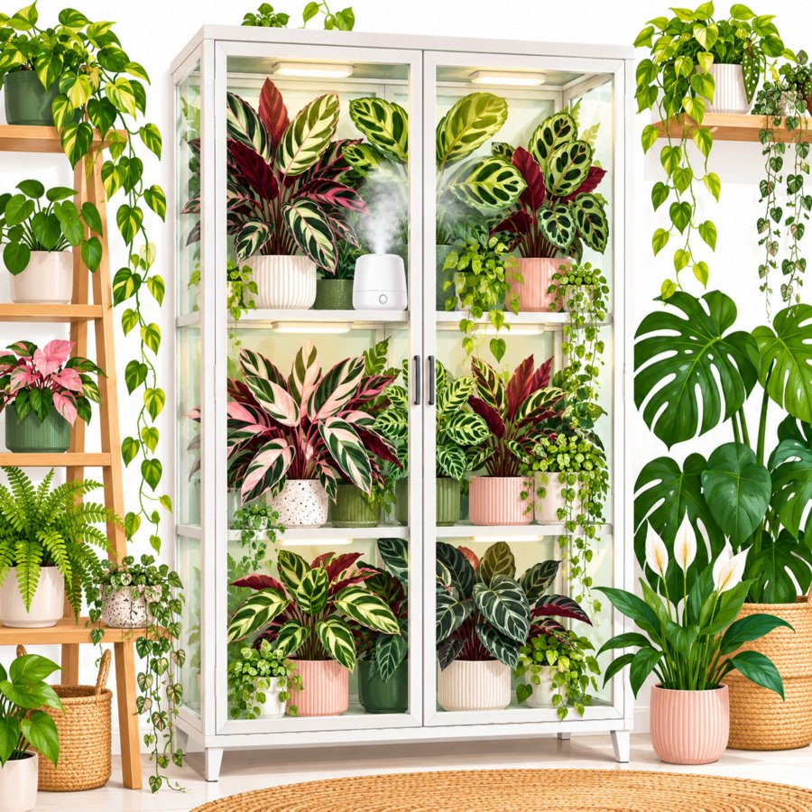 Indoor greenhouse cabinet using calathea humidity hacks to protect delicate foliage