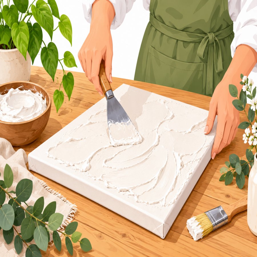 Close-up of canvas art diy hacks using plaster texture and neutral tones on a wall