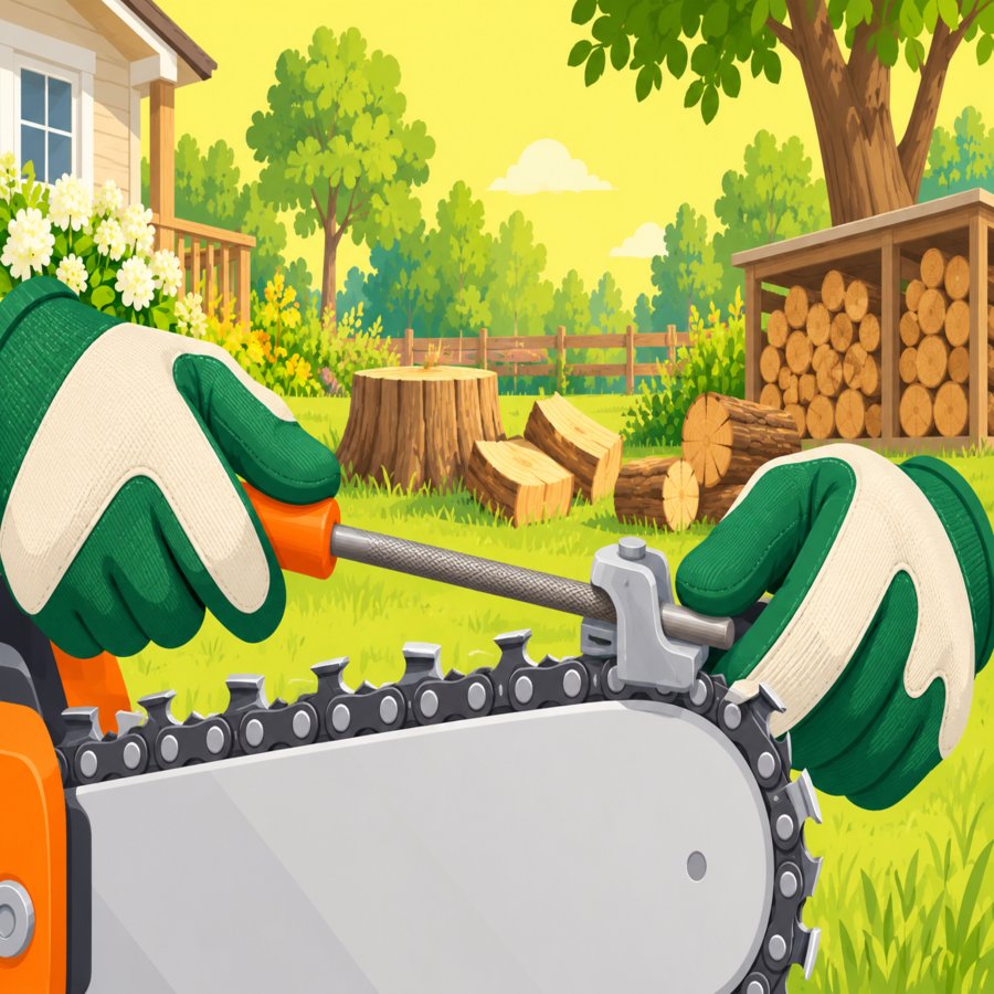 Close-up vector illustration of chainsaw sharpening tool kits being used on a chain