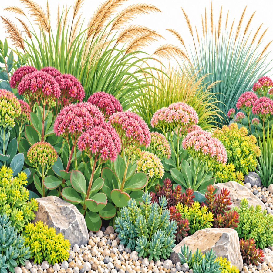 Close-up of climate-resilient perennial pairings with lavender, sedum, and ornamental grasses in bloom