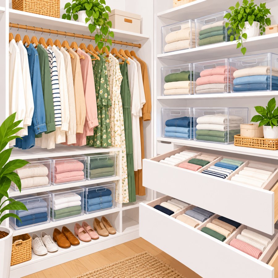 Vector illustration showing closet organization systems with bins and shelving