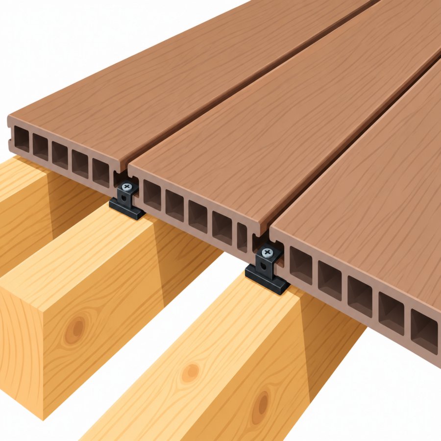 In-body illustration of grooved composite boards during composite deck board installation