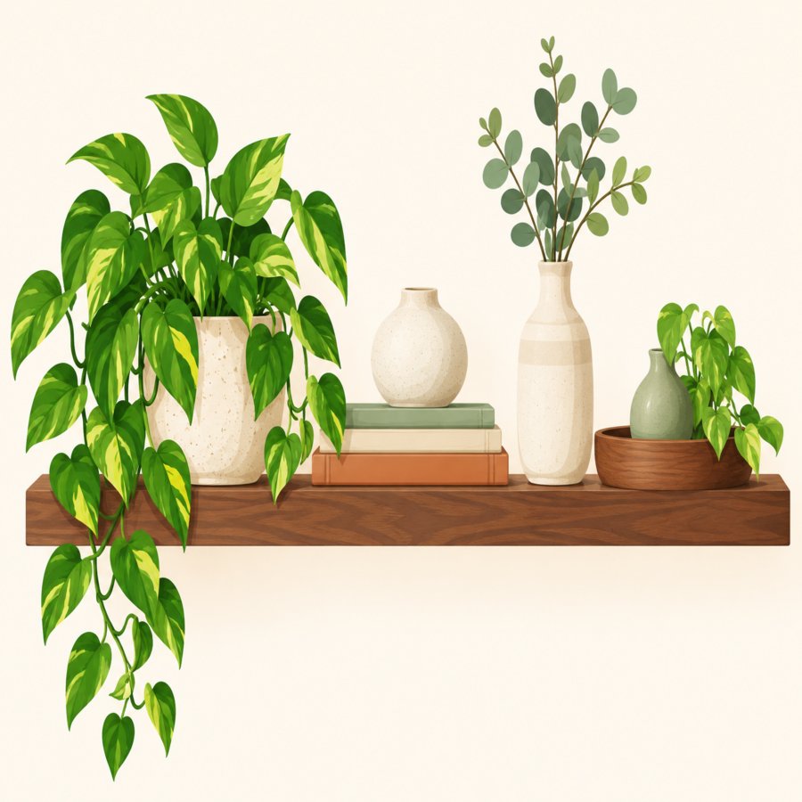 Cozy shelf styling illustration demonstrating dark wood decor hacks with plants and walnut frames