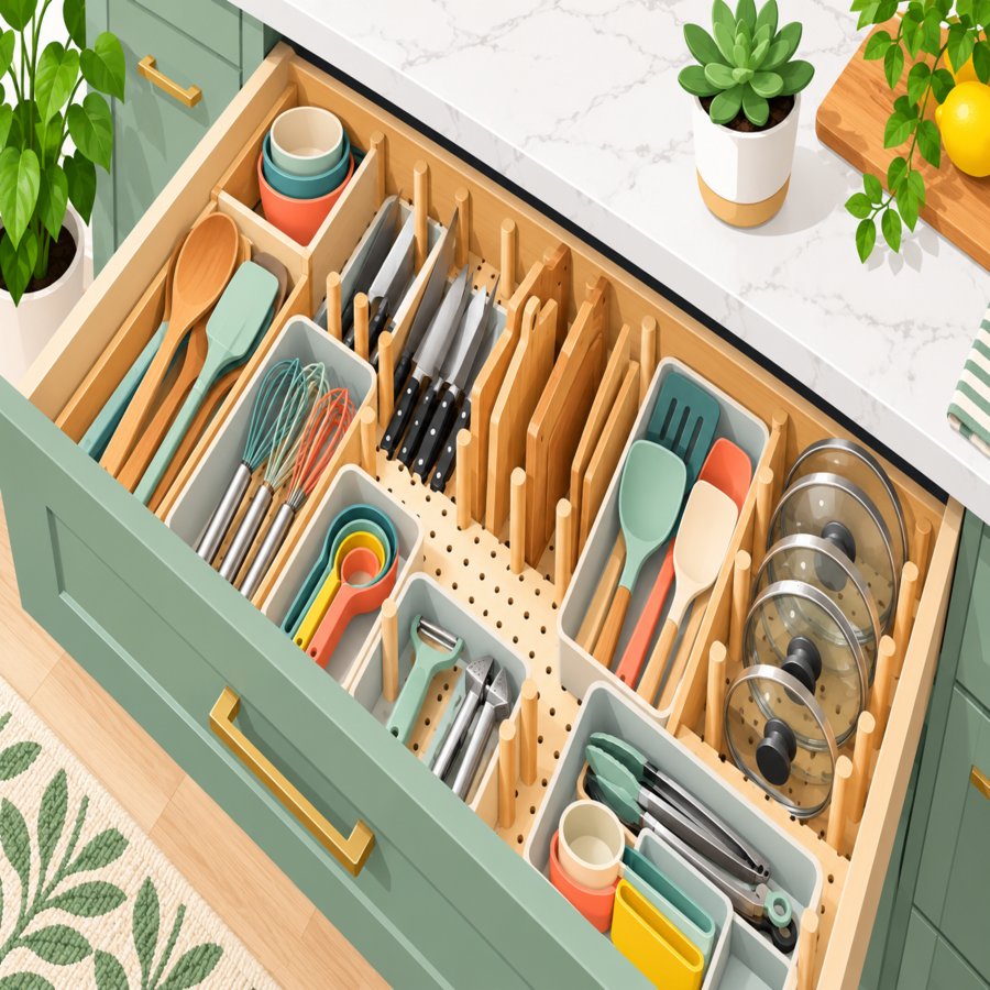 Flat vector illustration of deep drawer organization with pegboard inserts and sorted utensils