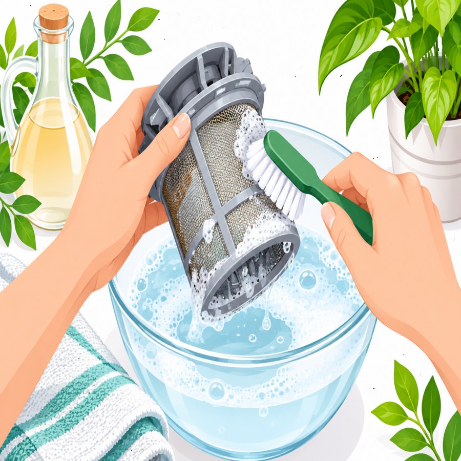 Close-up vector of dishwasher filter cleaning tricks being applied to a removable filter basket