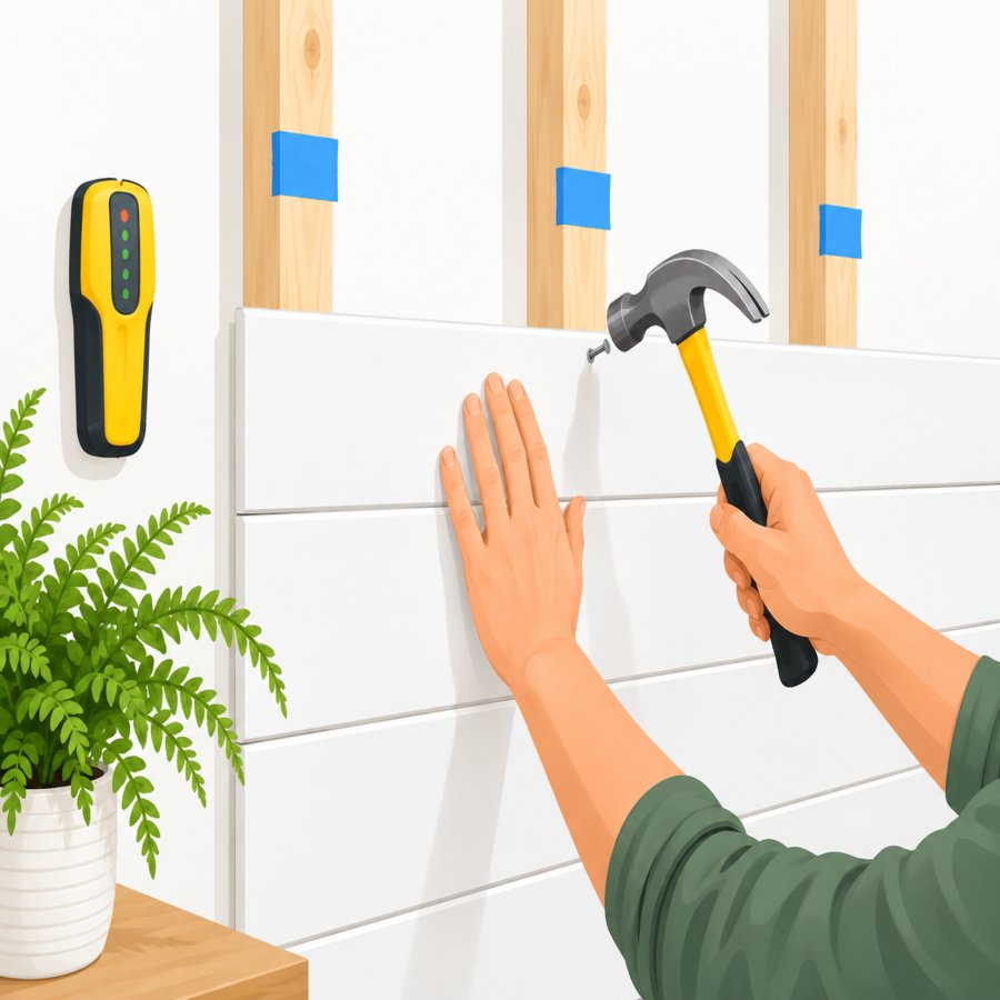 Flat vector home scene highlighting diy shiplap mistakes during wall installation