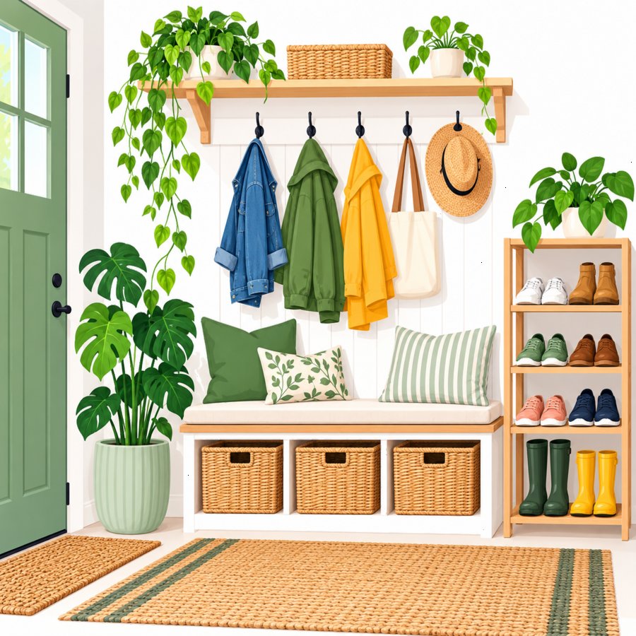 Cozy mudroom bench showcasing drop-zone entryway solutions with baskets and hooks
